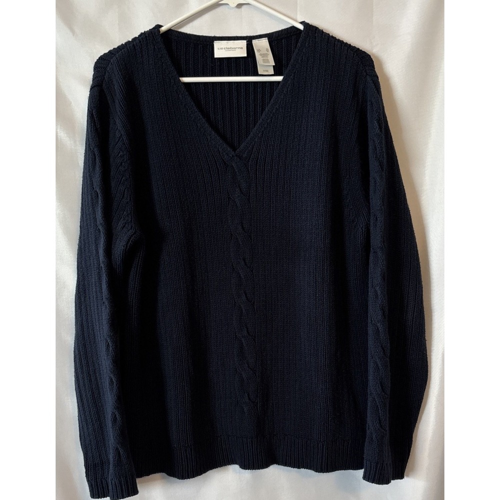 LIZ CLAIRBORNE Women's Navy Blue Cable Knit V-Neck Sweater Ribbed/Textured XL